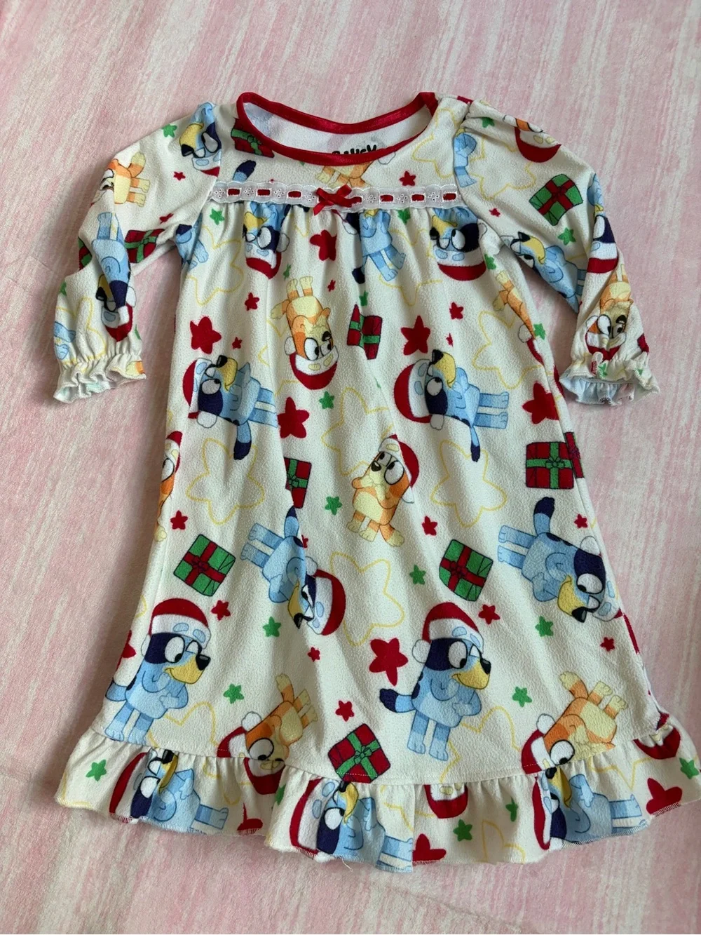 Girls' Holiday Puppy Print Nightgown - White with Red Trim